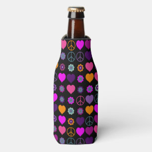 Flower Power Heart Peace Pattern + your backgr. Bottle Cooler