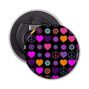 Flower Power Heart Peace Pattern + your backgr. Bottle Opener