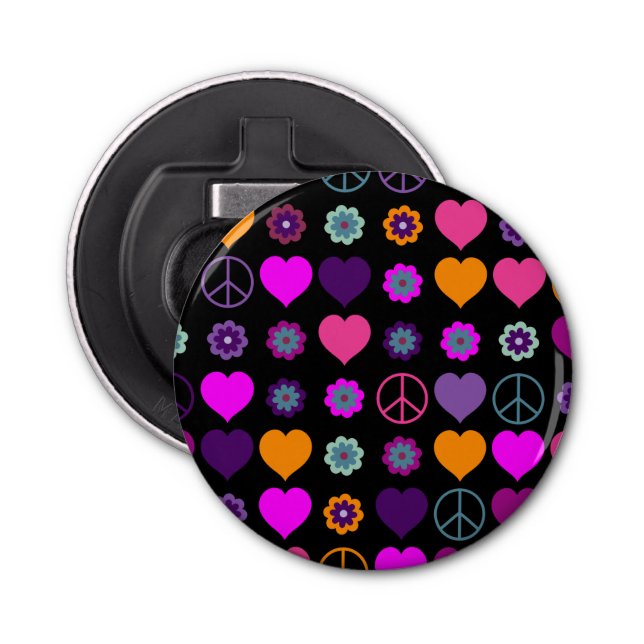 Flower Power Heart Peace Pattern + your backgr. Bottle Opener (Front)
