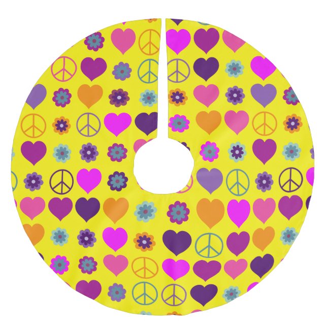 Flower Power Heart Peace Pattern + your backgr. Brushed Polyester Tree Skirt (Front)
