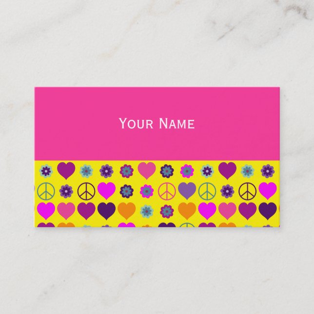 Flower Power Heart Peace Pattern + your backgr. Business Card (Front)