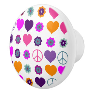 Flower Power Heart Peace Pattern + your backgr. Ceramic Knob