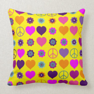 Flower Power Heart Peace Pattern + your backgr. Cushion