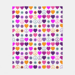 Flower Power Heart Peace Pattern + your backgr. Fleece Blanket