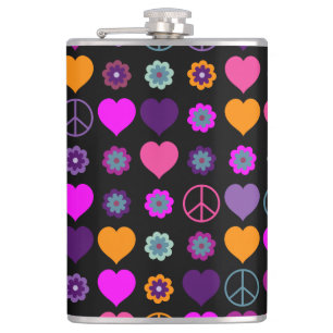 Flower Power Heart Peace Pattern + your backgr. Hip Flask