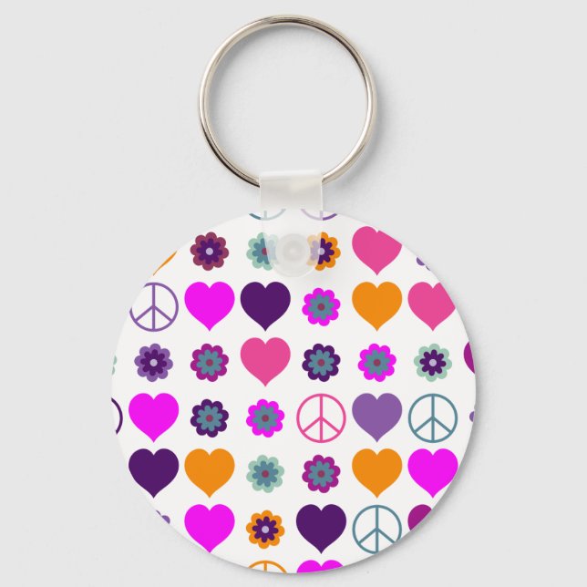 Flower Power Heart Peace Pattern + your backgr. Key Ring (Front)