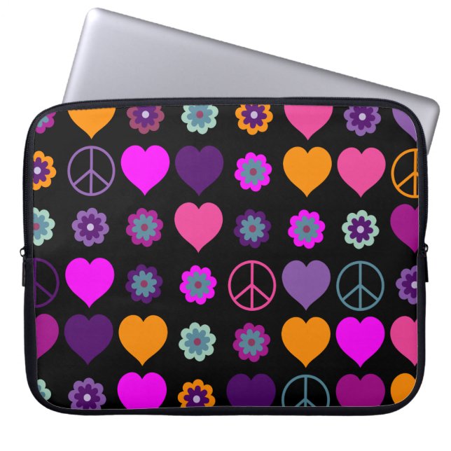 Flower Power Heart Peace Pattern + your backgr. Laptop Sleeve (Front)