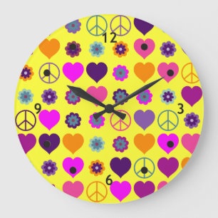 Flower Power Heart Peace Pattern + your backgr. Large Clock