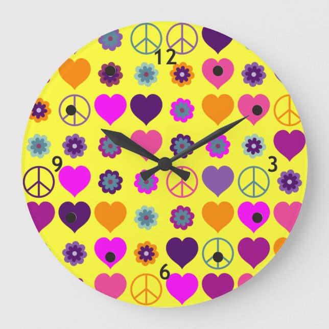 Flower Power Heart Peace Pattern + your backgr. Large Clock (Front)