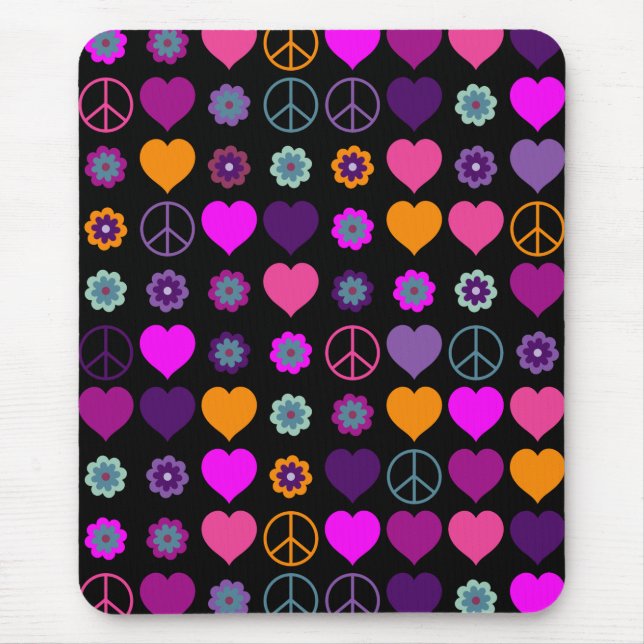Flower Power Heart Peace Pattern + your backgr. Mouse Mat (Front)