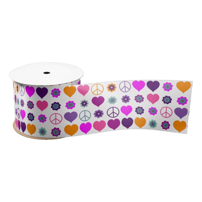 Flower Power Heart Peace Pattern + your backgr. Satin Ribbon (Spool)