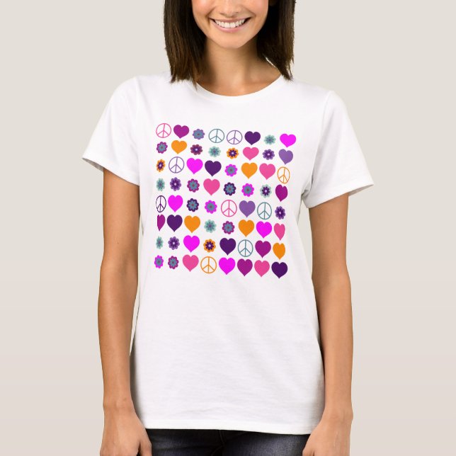 Flower Power Heart Peace Pattern + your backgr. T-Shirt (Front)