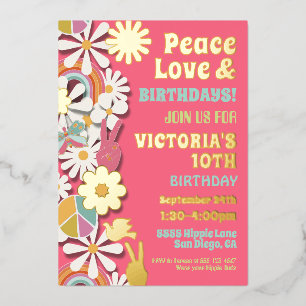 Flower Power Hippie Birthday Party Foil Invitation