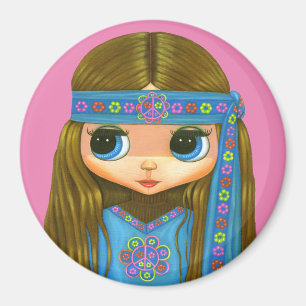 Flower Power Hippie Chick Headband Big Eyes Cute Magnet