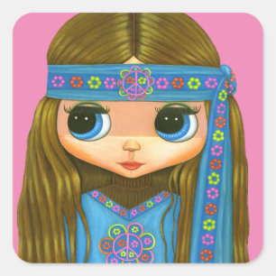 Flower Power Hippie Chick Headband Big Eyes Cute Square Sticker