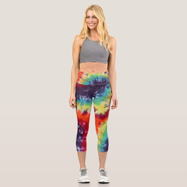 Flower Power Hippie Tie Dye Rainbow     Capri Leggings (Front)