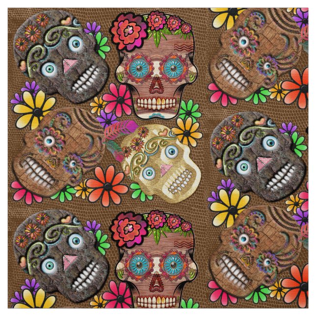 Flower Power Mexican Sugar Skulls Fabric (Swatch)