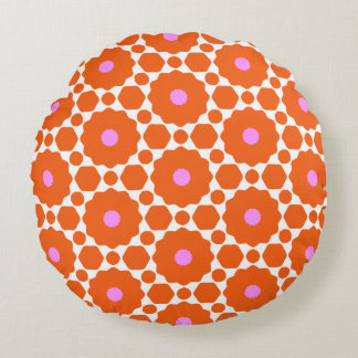 Flower Power Orange, Pink, & White Round Cushion