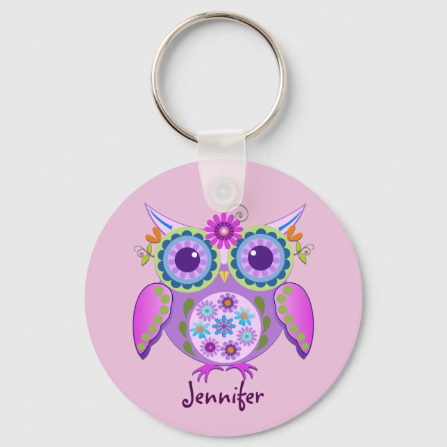 Flower power Owl & custom Name Key Ring (Front)