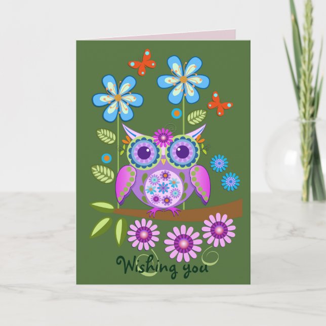 Flower Power Owl Happy Birthday card (Front)