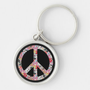 Flower Power Peace I black Key Ring