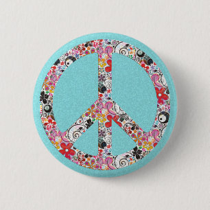 Flower Power Peace I   cyan splatter 6 Cm Round Badge
