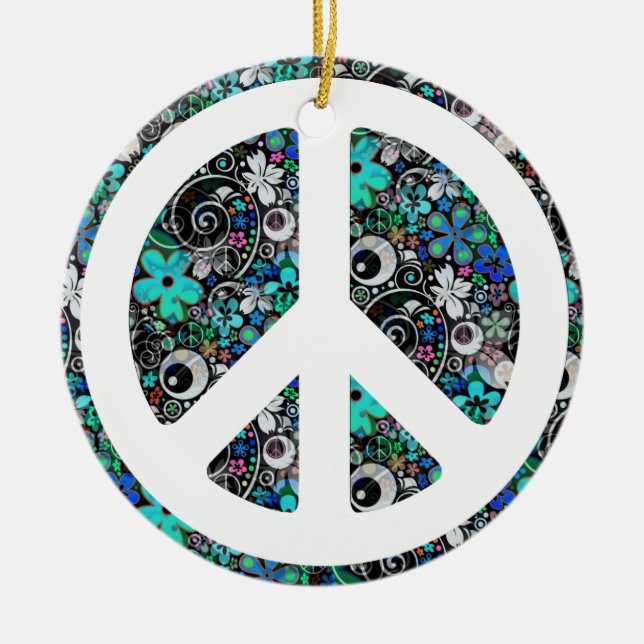 Flower Power Peace II Ceramic Tree Decoration (Front)
