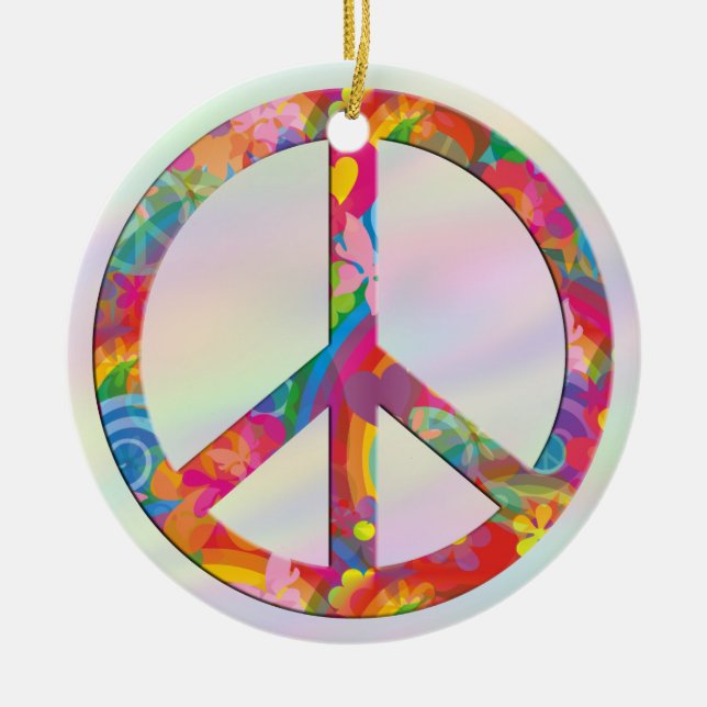 Flower Power Peace | light coloured Ceramic Tree Decoration (Front)