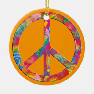 Flower Power Peace   orange Ceramic Tree Decoration