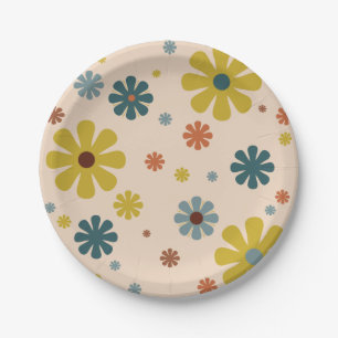 Flower Power Retro 60s Pattern Mustard Blue Orange Paper Plate