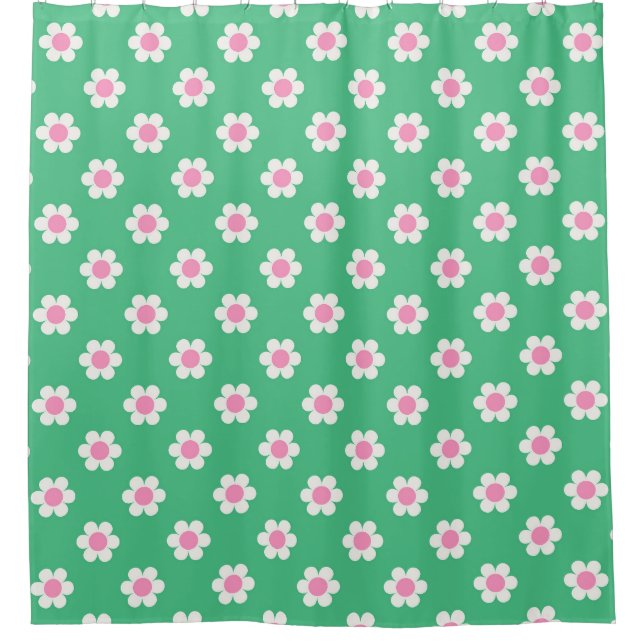 Flower Power Retro Daisies Pink and Green Shower Curtain (Front)