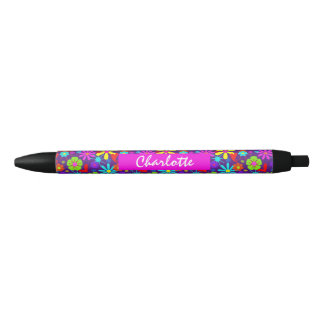 Flower Power Retro Floral Personalised Black Ink Pen