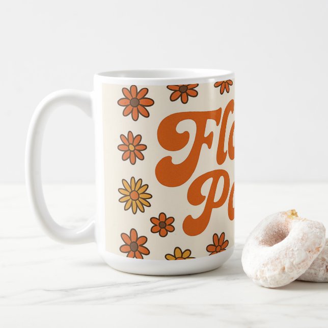 Flower Power Retro Mug – 70s Style Coffee Cup  (With Donut)