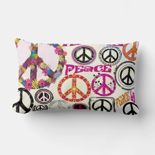 Flower Power Retro Peace & Love Hippie Symbols Lumbar Cushion (Front)
