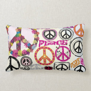 Flower Power Retro Peace & Love Hippie Symbols Lumbar Cushion