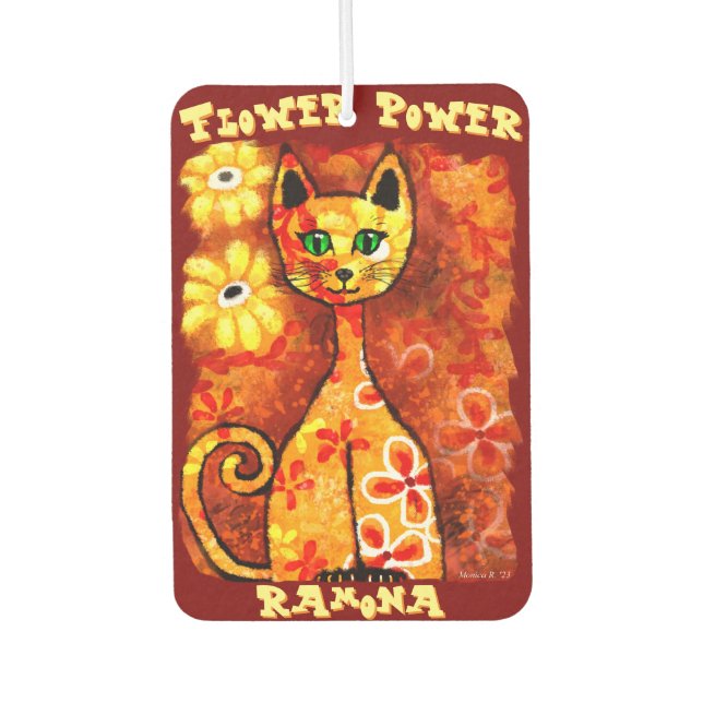 Flower Power Retro Whimsical Cat Personalised Car Air Freshener (Front)