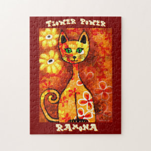 Flower Power Retro Whimsical Cat Personalised Jigsaw Puzzle
