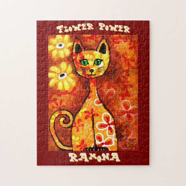 Flower Power Retro Whimsical Cat Personalised Jigsaw Puzzle (Vertical)