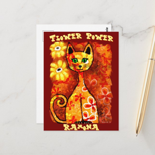 Flower Power Retro Whimsical Cat Personalised Postcard (Front/Back In Situ)