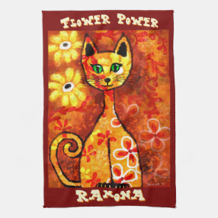 Flower Power Retro Whimsical Cat Personalised Tea Towel