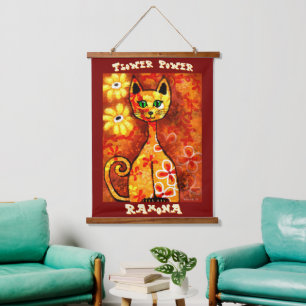 Flower Power Retro Whimsical Cat Personalized Hanging Tapestry