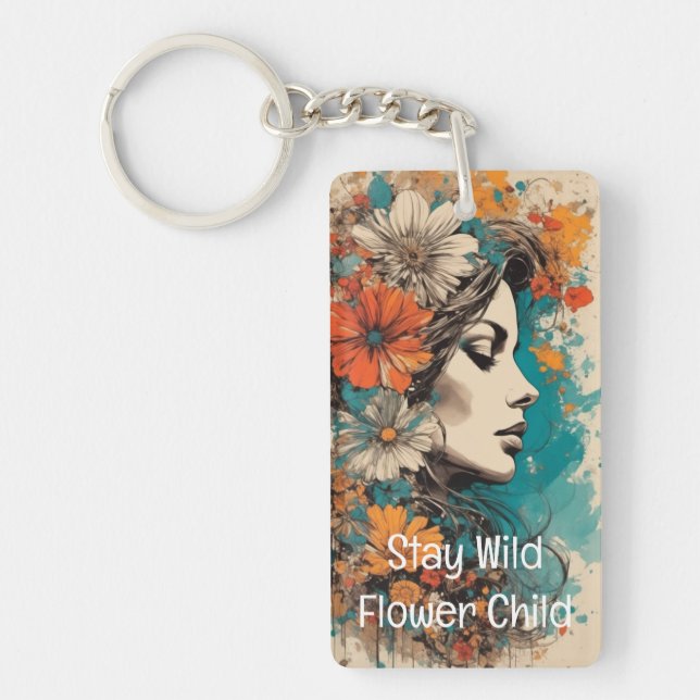 Flower Power Retro Woman Portrait Acrylic Keychain (Front)