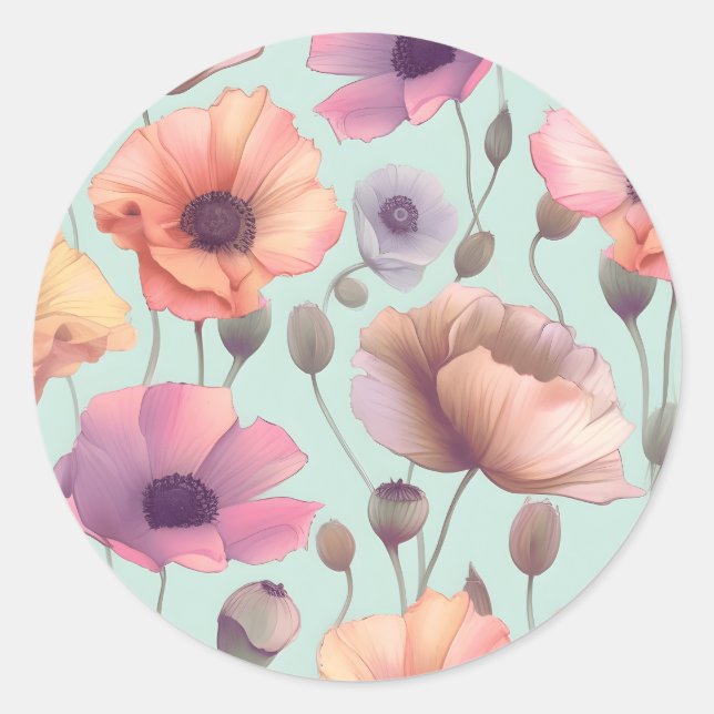 Flower power with pastel poppy patterns classic round sticker (Front)