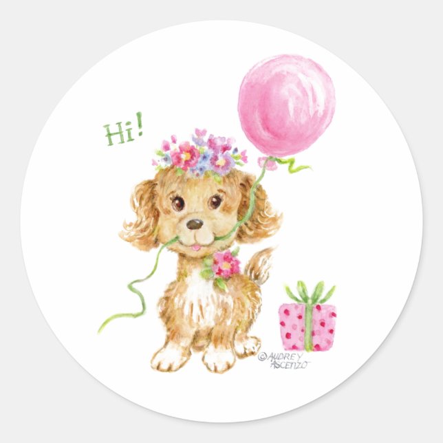 Flower Puppy Dog Birthday Stickers (Front)