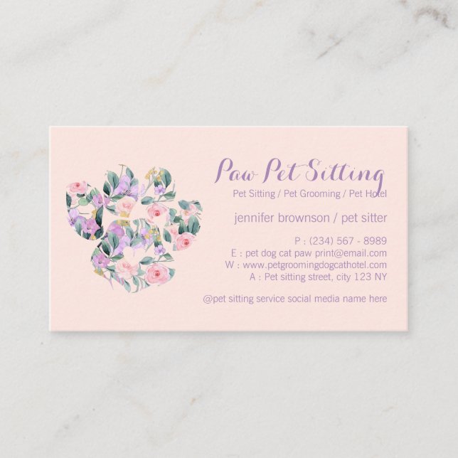 Flower Purple Pet Sitter Grooming Paw Business Card (Front)