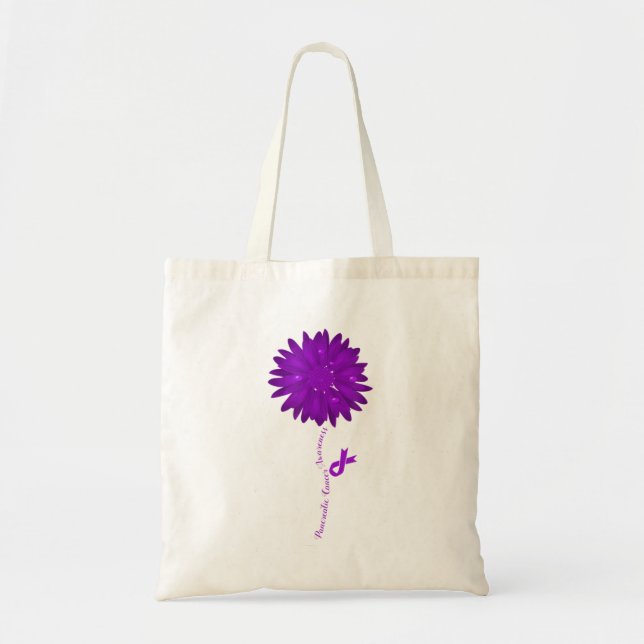Flower Purple Ribbon Pancreatic Cancer Awareness Tote Bag (Front)