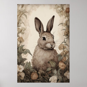 Flower Rabbit Bunny Print, Rustic Hare Cottagecore Poster