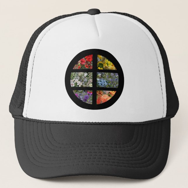 Flower Rainbow in Stained Glass Black Frame Trucker Hat (Front)