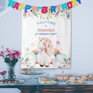 Flower Rainbow Unicorn Girl Birthday Welcome Tapestry