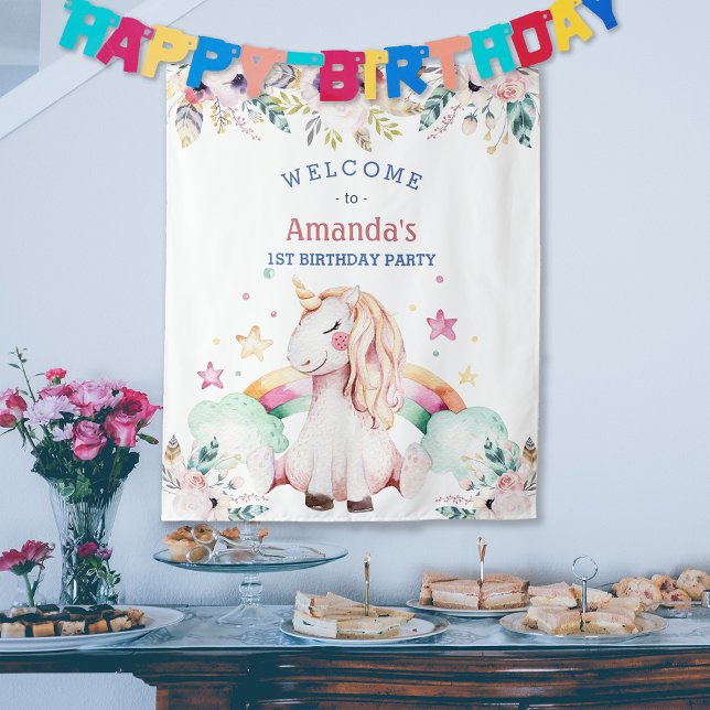 Flower Rainbow Unicorn Girl Birthday Welcome Tapestry (Flower Rainbow Unicorn Girl Birthday Welcome Tapestry)